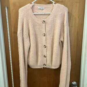 🐻Size L - Crescent - Pale Pink Fuzzy Crop Sweater w/Very Long Sleeves